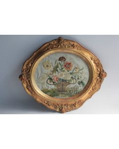 Tableau Broderie sur soie Panier Fleurs XIXe siècle