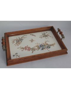 Plateau en bois et faïence Fleurs