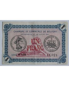 Billet Chambre de Commerce de Belfort Un Franc 1917
