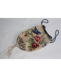 Sac en perlé de verre Oiseaux et roses XIXe siècle