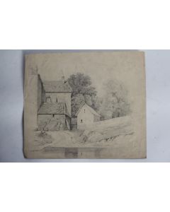 Dessin original au crayon Ferme XIXe siècle
