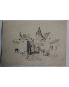 Dessin original au crayon Village XIXe siècle