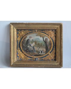 Tableau métal repoussé peint Bergère Chien Moutons