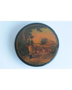 Boite ronde carton bouilli laqué peint Chasseur