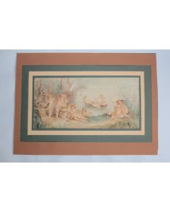 Dessin original Aquarelle Amours à la pêche XIXe siècle