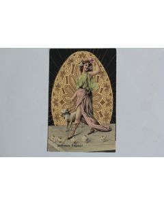 CPA illustrée B.K.W.I. Art nouveau Femme Joyeuses Pâques