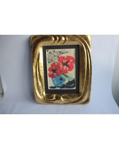 Tableau peinture collage papier chiffon Fleurs signé AS 1999