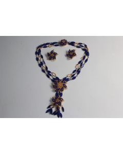Parure Collier Clips d'oreilles bleu cobalt métal doré 1980