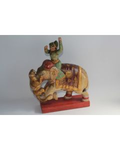 Éléphant bois sculpté polychrome Léopard Chasse Inde XIXe siècle