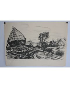 Lithographie originale Paysage au toit de chaume René DEMEURISSE