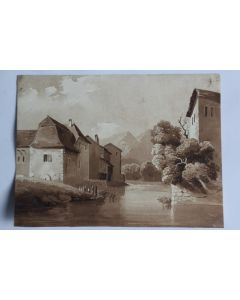 François DIDAY Dessin original à l'encre sépia Village alpin Suisse