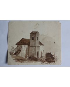 François DIDAY Dessin original à l'encre sépia Chapelle alpine Suisse