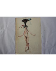 Dessin original Aquarelle Femme nue aux oiseaux