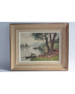 Tableau peinture Maurice FLEURIVAL Bord de rivière animé