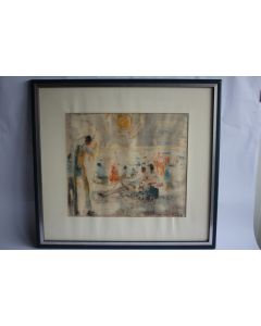 Tableau Pastel CLÉMENT 1976 Bord de mer Plage