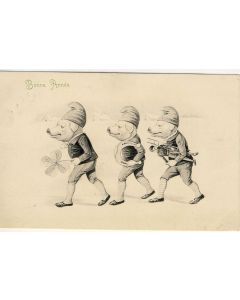 CPA Illustrée Cochon - Trois petits Cochons - Bonne Année - Chance - Trèfle - Fer à cheval - Ramoneur - Bonnet Autriche