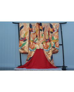 Kimono de mariage soie rouge et fils d'or Grue Uchikake Japon vintage