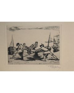Gravure eau-forte originale Frederick HALPERN Pêcheurs Bateau
