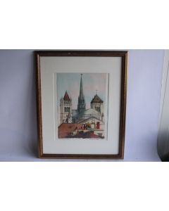 Aquarelle originale Enrico Pestalozzi Cathédrale de Genève 1992 Suisse