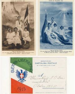 3 CPA illustrée (Italien) Guerre 1914-18 Italia Soldat Femme Sovrani