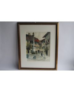 Aquarelle originale Enrico Pestalozzi Village romand 1992 Suisse