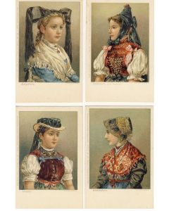 4 CPA illustrée Folklore Costume allemand deutch Jeune femme