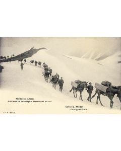 CPA Militaria Soldats Régiment Suisse Artillerie de montagne traversant un col chevaux