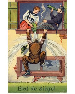 CPA illustrée Satire Humour Guerre 1914-18 Femme et soldat État de siège