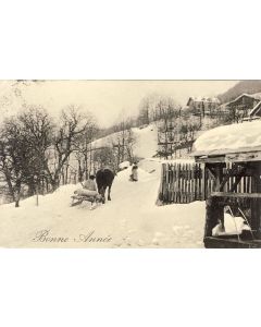 CPA Bonne Année 1908 Scène de petit village luge tirée par cheval