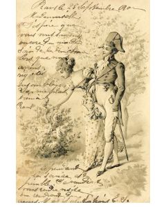 CPA illustrée en relief  Couple promenade dans jardin de fleurs 1907