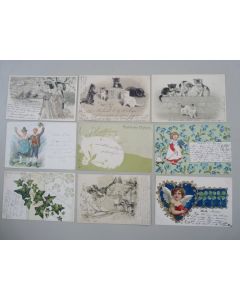 9 CPA Fantaisie Relief Fleurs Chat