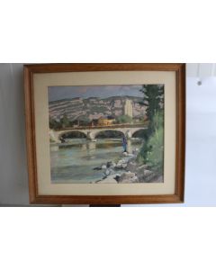 Peinture à l'huile Pêcheur au bord de l'eau E. HERMES 1949