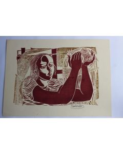 Gravure bicolore signée Femme et oiseau