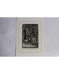 Bois gravé original Pino Della Selva Femme devant la porte n°13 1946