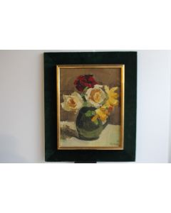 AYMAR Peinture à l'huile Roses au vase vert