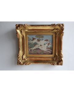 Broderie petit point cadre bois sculpté chiens chasse XIXe siècle