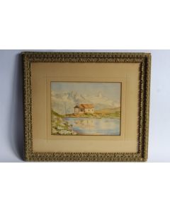 E. JAMES Aquarelle originale Lac de montagne 1886