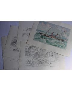 Grands dessins originaux à l'encre aquarelle Bateaux vapeur