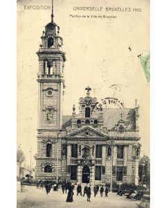 CPA Belgique Bruxelles Exposition Universelle 1910 Pavillon de la ville animée cachet exposition 1910