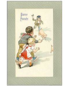CPA Bonne Année illustrée en relief enfant cochon
