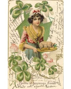 CPA Bonne et Heureuse Année - 1905 - Femme cochon trèfle à quatre feuille chance - Gauffrée