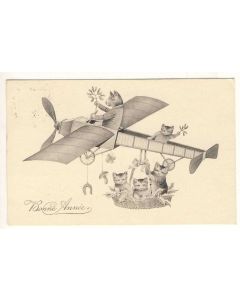 CPA illustrée Bonne Année Avion Chat Chance Fer à cheval Trèfle à 4 feuilles
