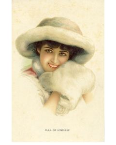 CPA illustrée Femme Mode Sourire Anglais England Full of Mischief