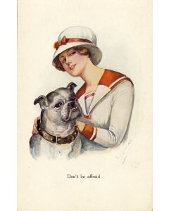 CPA illustrée KASKELINE Fred Femme Mode Séduction Animaux Chien Don't be affraid