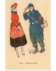 CPA illustrée LEROY Maurice Série Marraines et poilus Guerre 1914-18 Soldat Femme