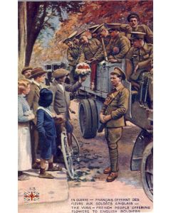 CPA Militaria En guerre Français offrant des fleurs aux soldats Anglais