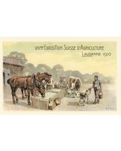 CPA VIII me Exposition Suisse d'Agriculture Lausanne 1910 Illustrateur Tombola Série X Chevaux Vaches