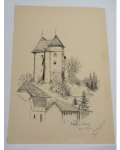 Dessin à l'encre  Château de Valangin  1892 Neuchâtel Suisse