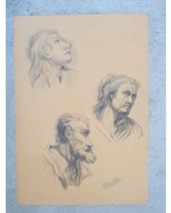 Dessin original F. HOSTETTLER Femme Vieil Homme Étude Visage Portrait