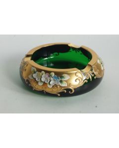 Cendrier verre vert émaillé or Fleurs Bohème